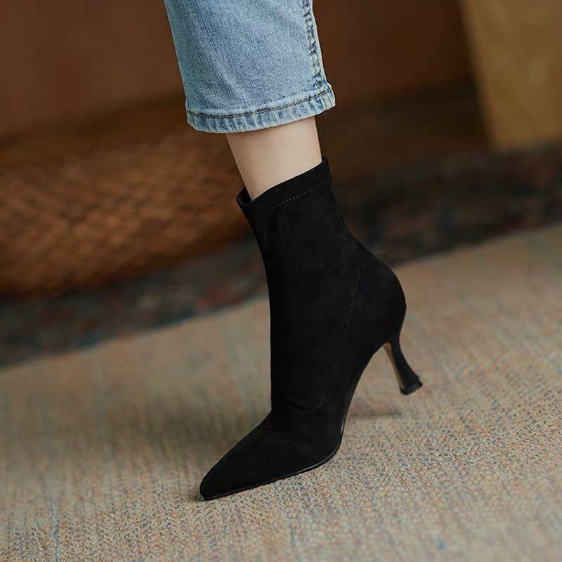 Fashion High Heel Single Boots Women's Autumn New Pointed Toe Suede Cover Foot Non-Slip Wear-Resistant Stretchy Sock Boots