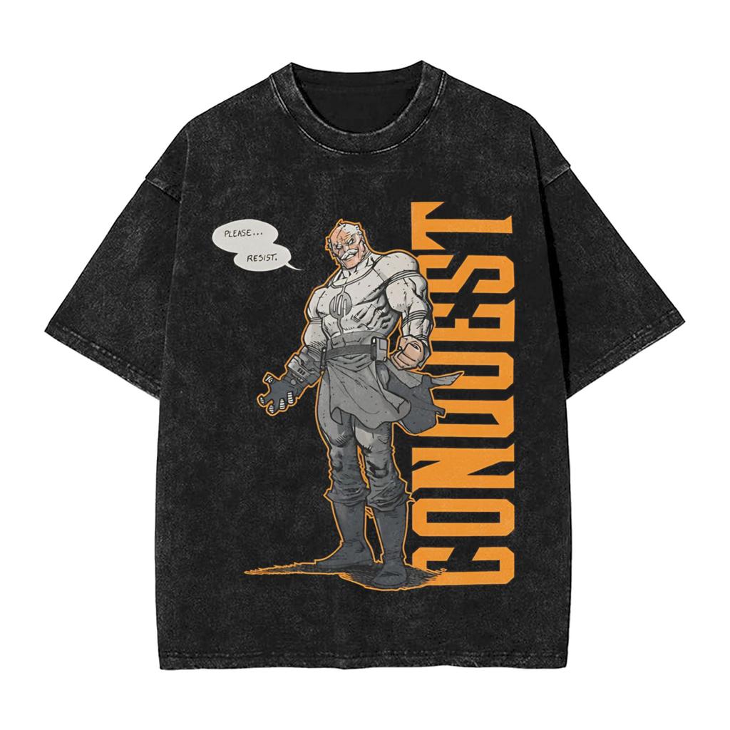 Conquest Invincible Comic Washed T Shirt Mens  Y2K Basic Cotton T Shirts Summer O Neck Hip Hop Tees Loose Oversized Clothing