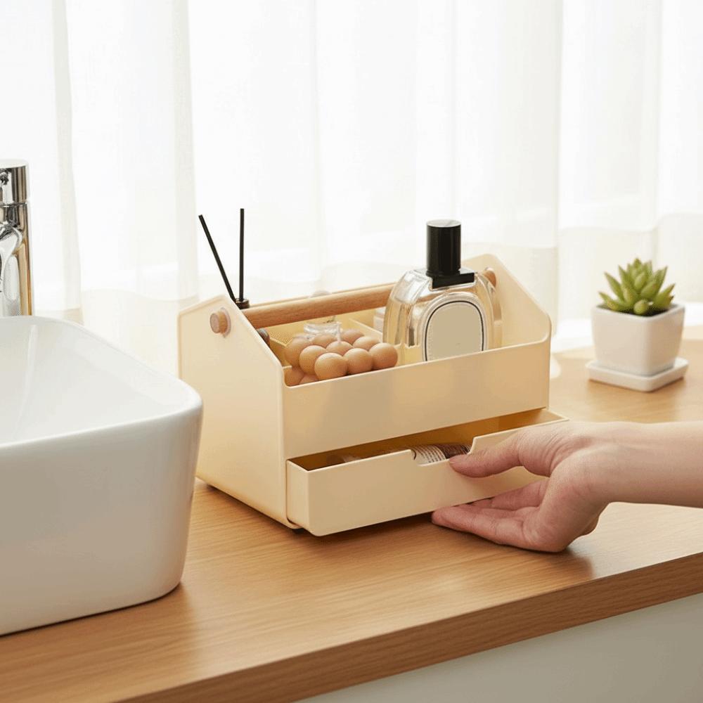 Large Capacity Desktop Storage Box with Drawer Wooden Handle Cosmetic Basket Plastic Space Saving Stationery Organizer Bedroom