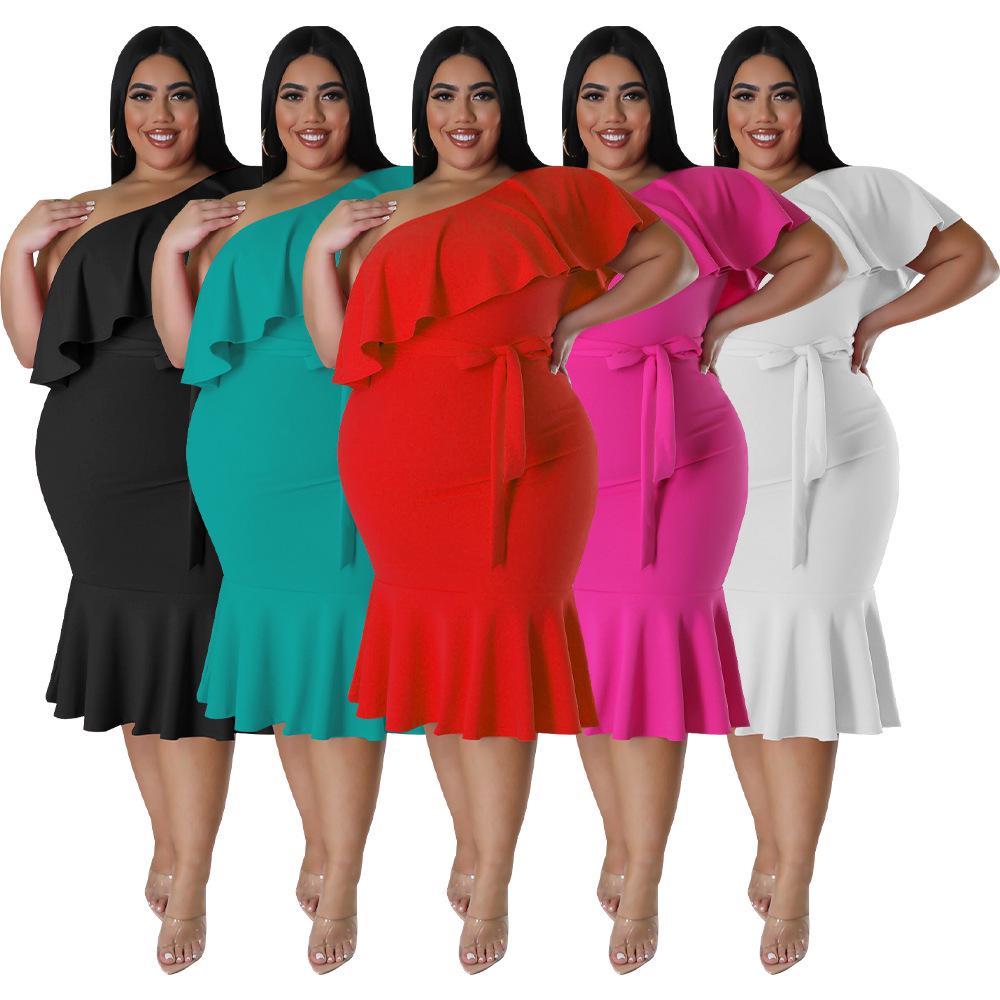 2023 Plus Size Women's European & American Fashion Slim Fit Ruffle Strapless Midi Dress