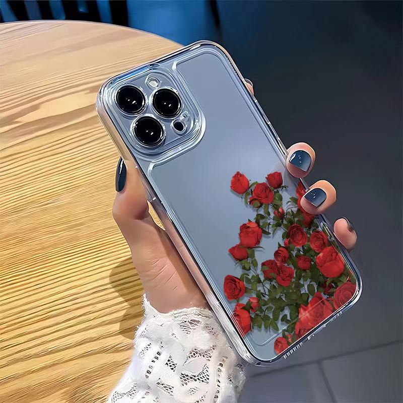 Art red rose for iphone16promax mobile phone case transparent apple 15 anti-drop 14pro Japan and Korea 13x