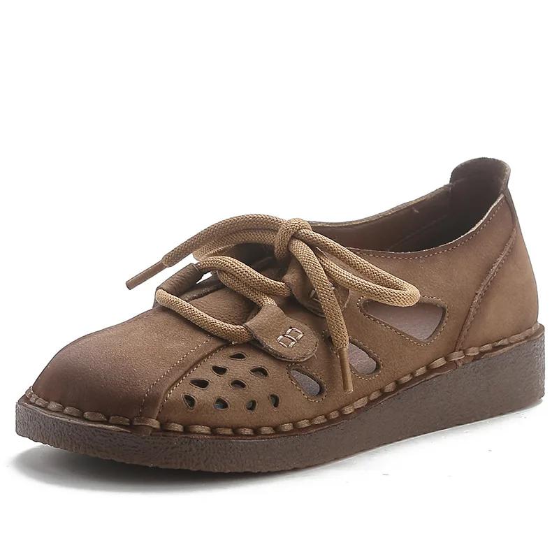 Cow Genuine Leather Soft Soled Hollow Sandals for Women Retro Casual Women Shoes Comfy Retro Wide Toe Thick Soled Women's Shoes
