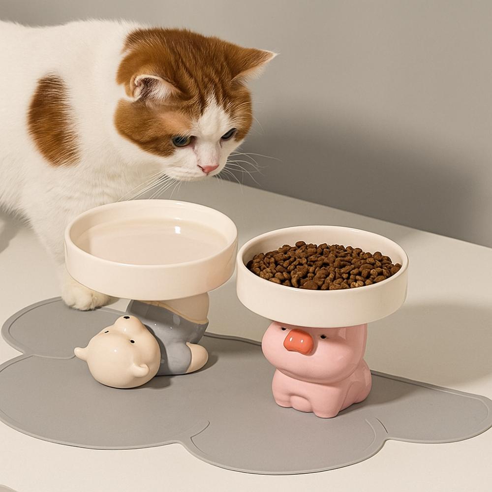 

Cute Cat Bowl Ceramic Pet Drinking Feeder Pet Supplies Pet High Foot Bowl Water Container рожевий