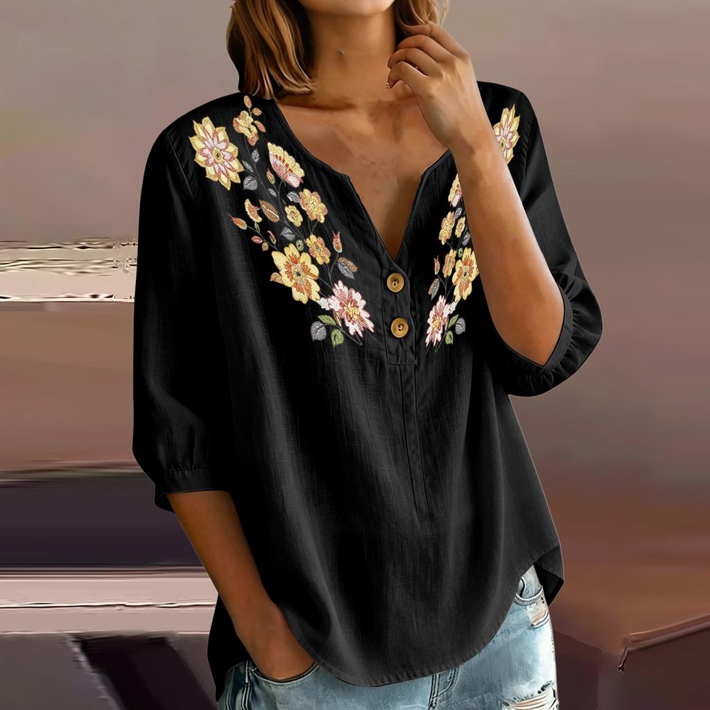 Women Floral Pattern Henley Neck Button Front Three Quarter Sleeve Linen Cotton Blend Shirt Casual Loose Fit Blouse
