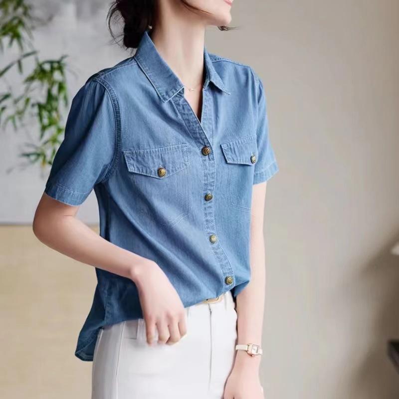 GMXIA Damska modna swobodna mała koszula dżinsowa z dekoltem w serek Letnia wygodna swobodna koszula dżinsowa z pozytywnymi ramionami