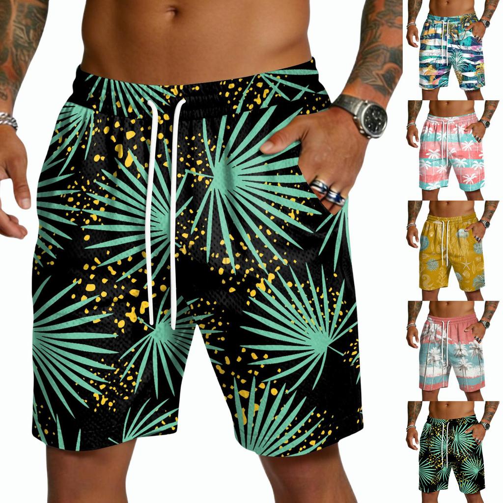 Men's Casual Drawstring Shorts Lightweight Quick Dry Five Inch Inseam Beachwear Hawaiian Print Summer Shorts