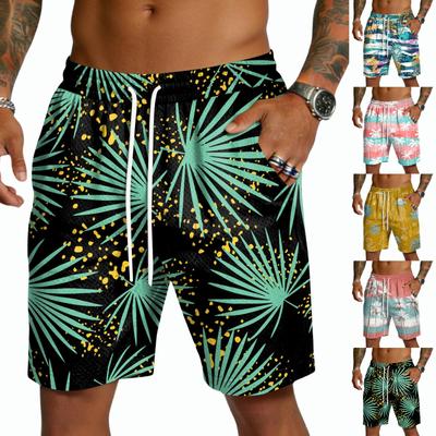 Men's Casual Drawstring Shorts Lightweight Quick Dry Five Inch Inseam Beachwear Hawaiian Print Summer Shorts