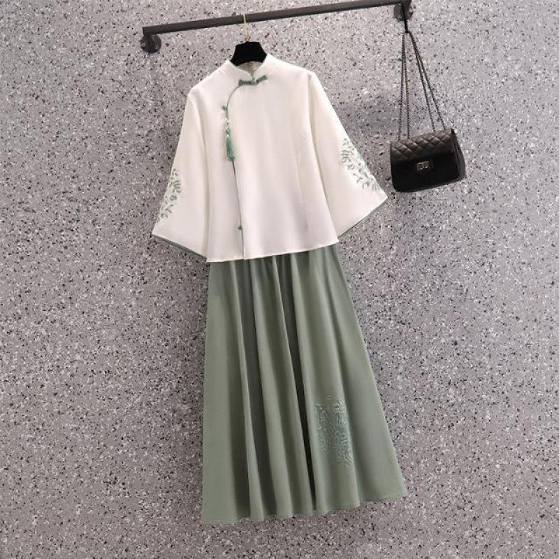 Modern Chinese Tang Suit Hanfu Tea Set: Seven-Sleeve Embroidered Skirt Outfit for Summer