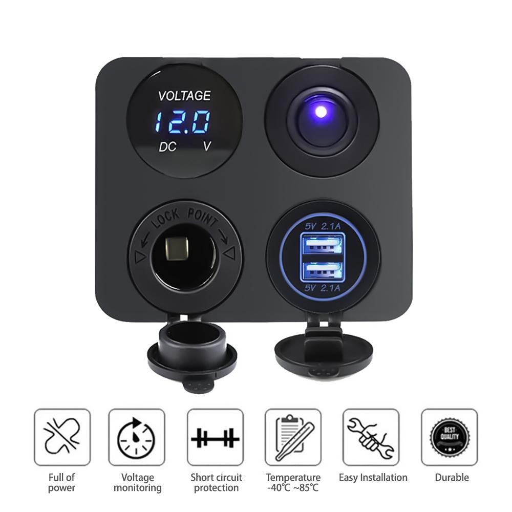 12V USB Panelová zásuvka 4 v 1 Duální USB nabíječka s kolébkovým spínačem Zapalovač cigaret do auta Digitální voltmetr pro auto Loď Nákladní automobil Obytný vůz