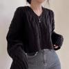 Chic Retro Cable V Neck Pullover Long Sleeve Sweater Women Autumn Winter Loose Crop Lazy Style Knit Top