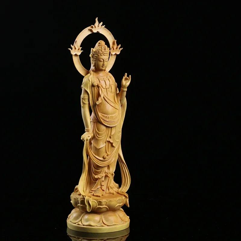 21CM Boxwood Carving Furnishing Ornaments Wood Crafts Buddha Statue Guanyin Sculpture Gifts
