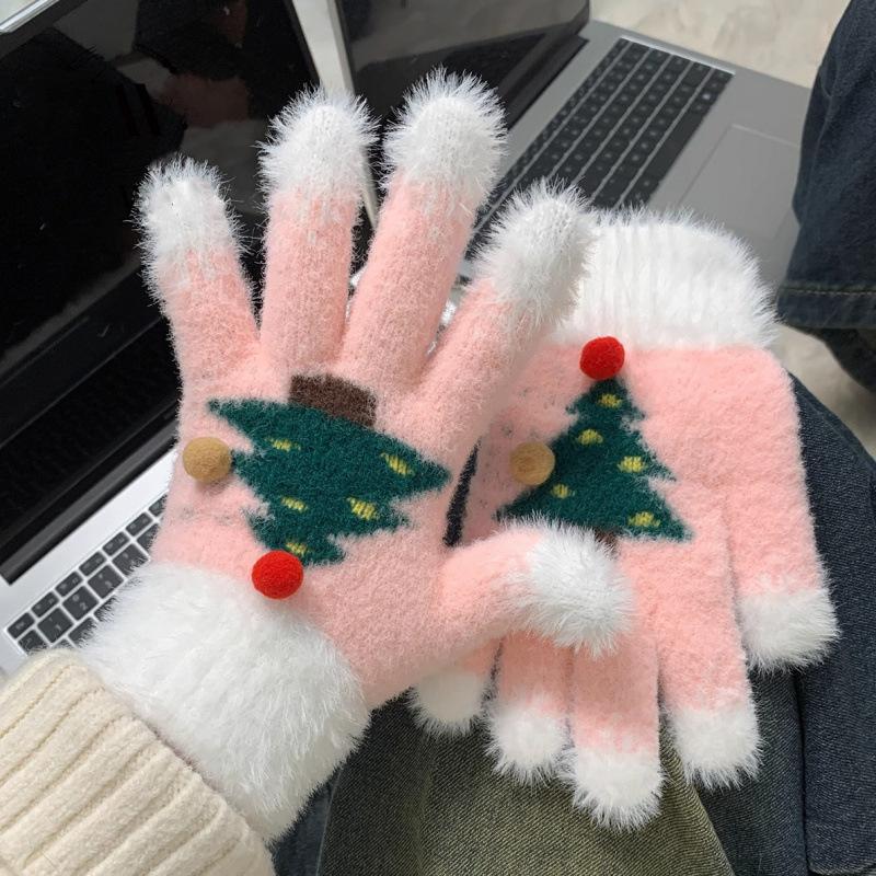 Snowflake Christmas Tree Gloves For Women Winter Plush Warm Thick Gloves Touch Screen Fluffy Fur Cycling Gloves Student Gifts