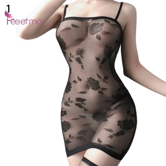 Erotisk kjole Perspektiv Sexy Blondekjole Sleep Colthes Kvinner Sexy Wear Svart Blonde Perspektiv Kostymer Gjennomsiktig Babydoll Sett