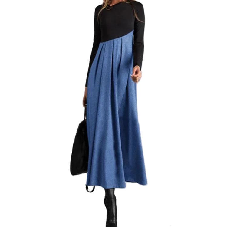 2023 Europejska i Amerykańska Damska Sukienka z Wełny Mieszanej w Patchwork z Bloków Kolorystycznych z Dekoltem w Serek