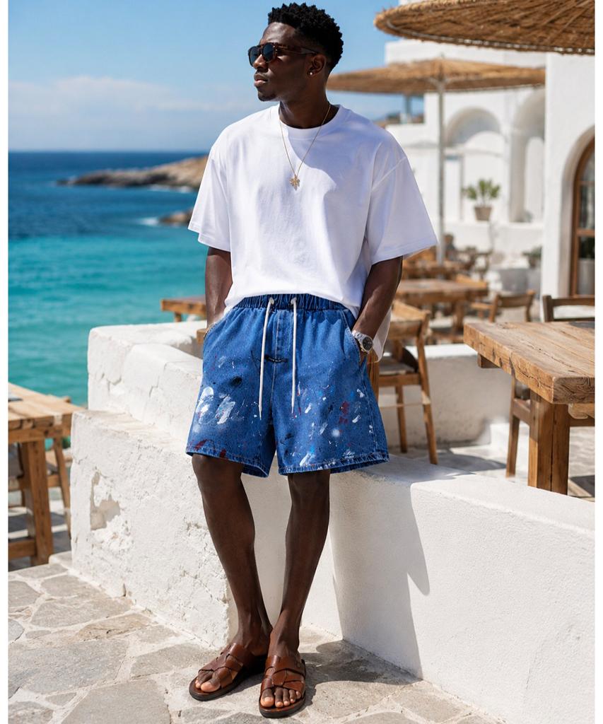 Seuteulaikeu Blue Wash Multi-Hue Painted Denim Shorts (Relax)