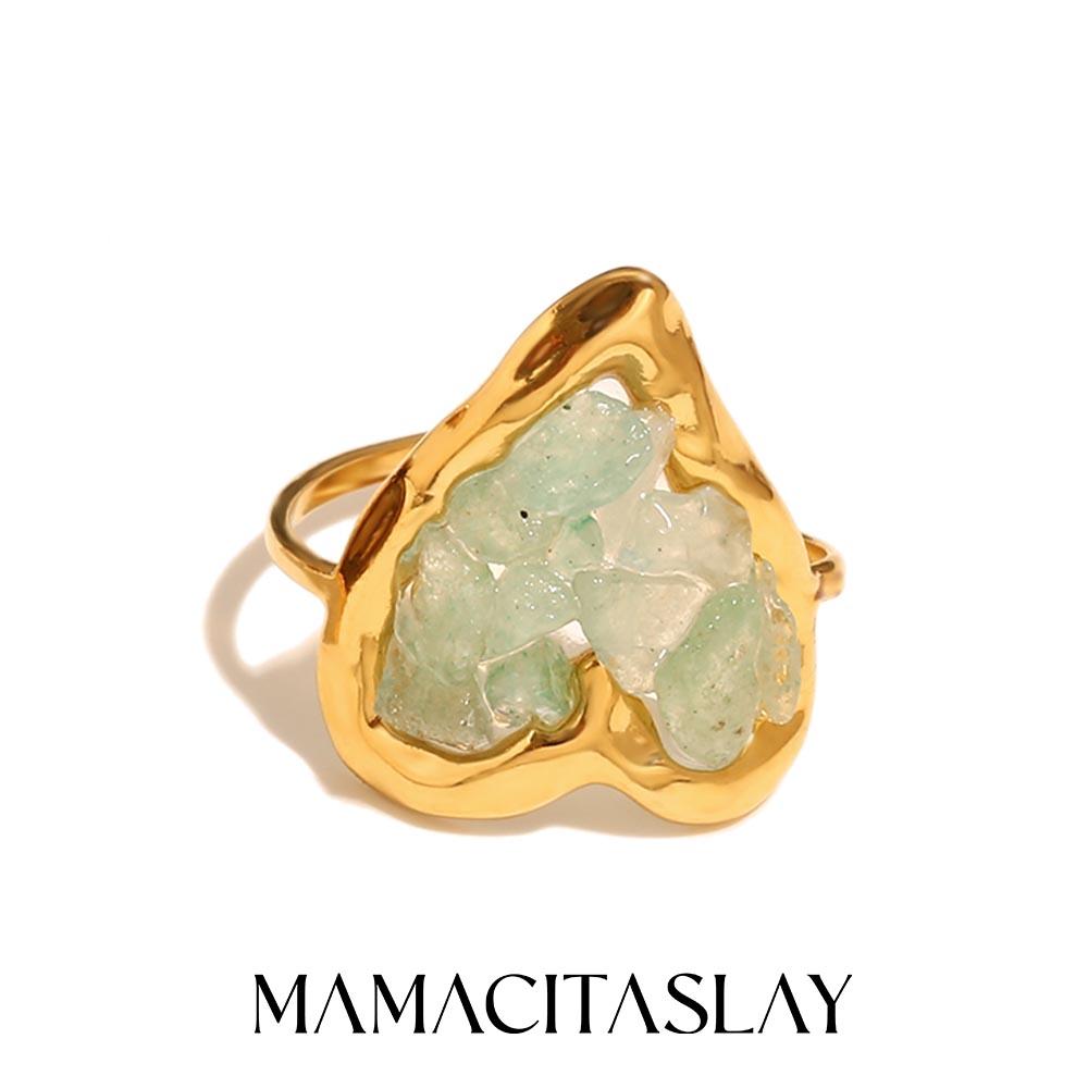 

MamacitaSlay Unique 18K Gold Plated Stainless Steel Natural Stone Opening Ring Waterproof Jewelry Women s Retro Elegant Jewelry 7