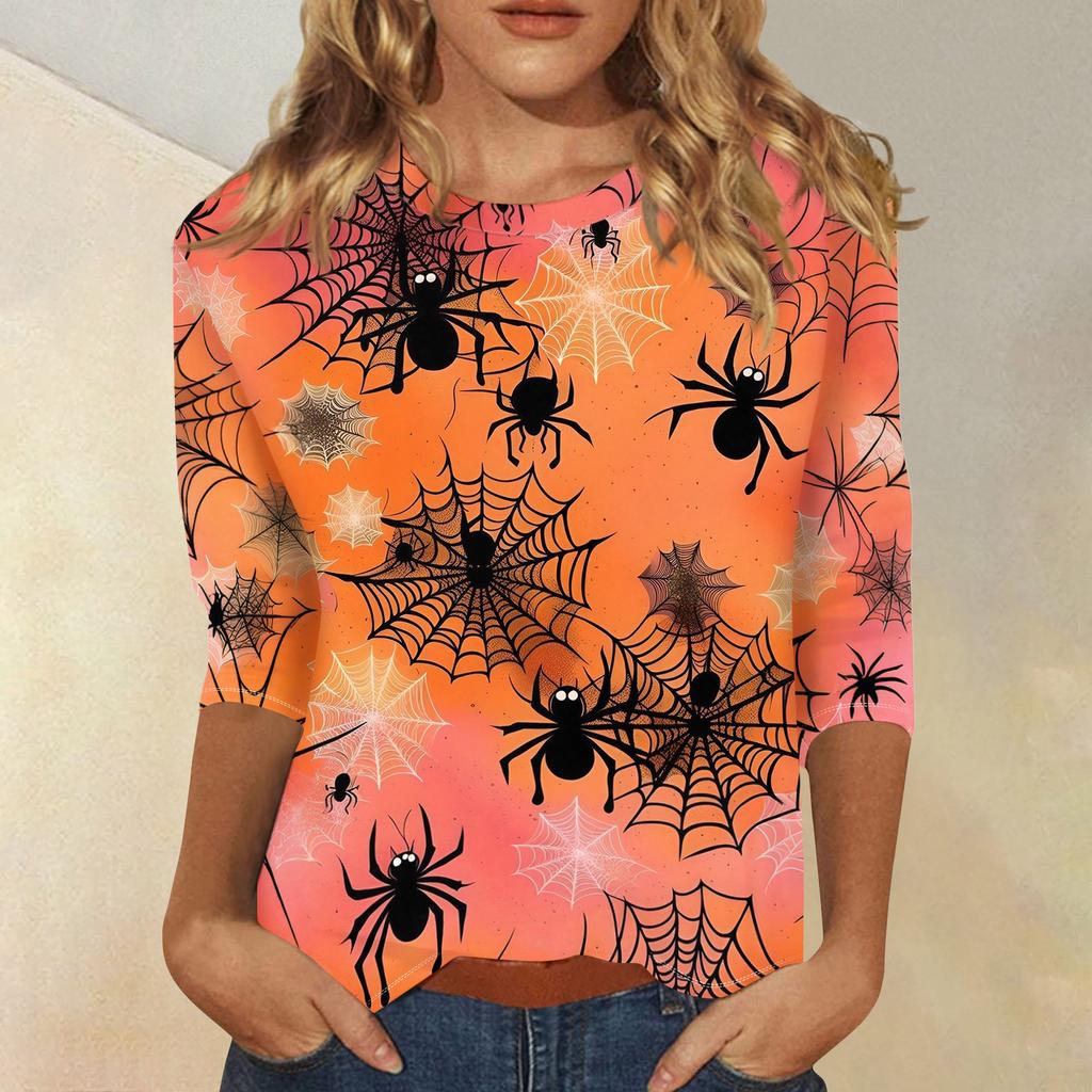 Women's Three Quarter Sleeve Round Neck Halloween Print Blouse Top