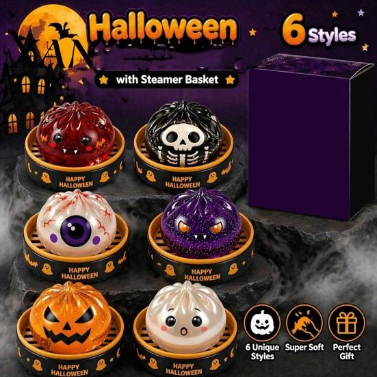Fidget Toy with Steamer 1/6Pcs Halloween Dumpling Stress Relief Toy, Devil Pumpkin Eyeball Skeleton Squeeze Party Favors Anxiety Reduction Dough