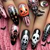 Nail Art Halloween Rosa Kürbis Spinnennetz Totenkopf Lange Mandelform Tragenägel
