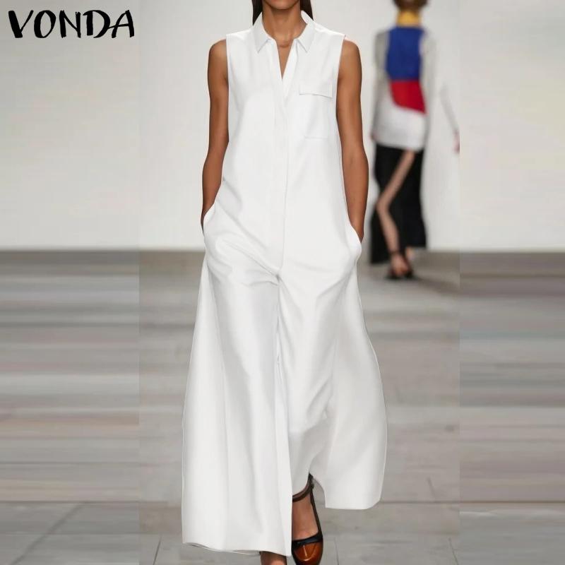 VONDA Women Sleeveless Satin Thin Jumpsuits V Neck Pockets Casual Long Rompers 