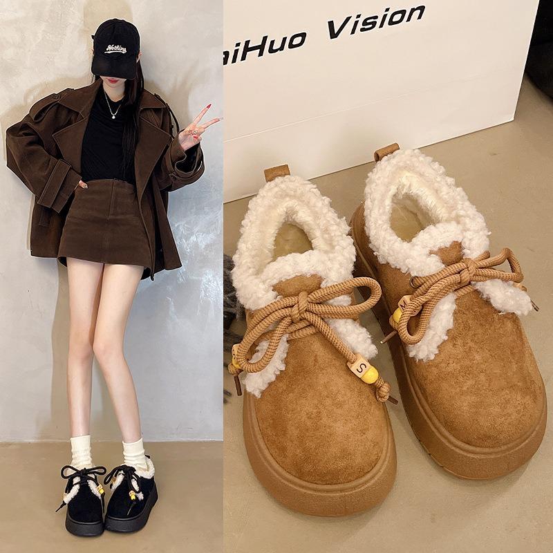 Lace-up Cotton Shoes for Women's Winter New Casual Outer Wear Velvet Thickened Warm Student Thick-soled Snow Boots for Women