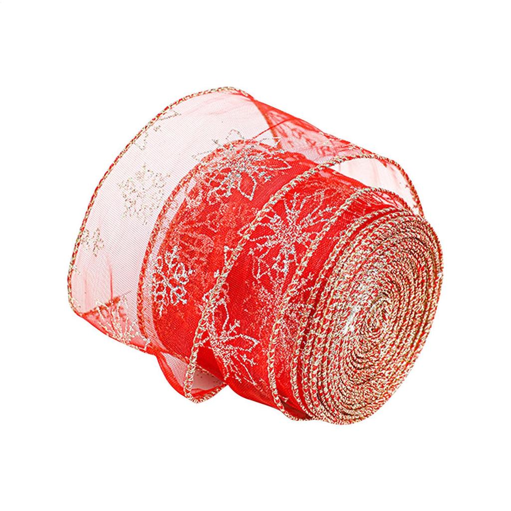 1 Roll Christmas Fabric Ribbons Xmas Wine Red Gold Snowflake Velvet Edge Wired Ribbons for New Year Wrapping Crafts Decoration