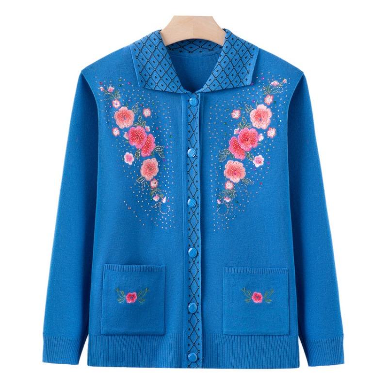 Middle-aged mother autumn and winter embroidered cardigan sweater the elderly cardigan knitted sweater jacket grandma top