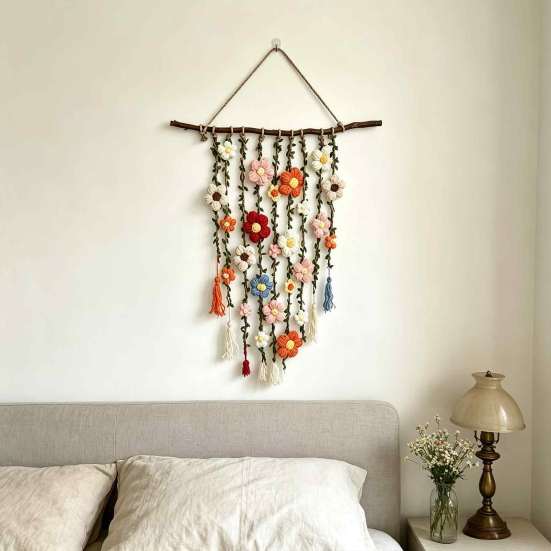 Colorful Floral Wall Accent Crochet Flower Garden Hanging, Knitted Tapestry, Handmade Boho Decorative Hanging Pendant Farmhouse Art for Bedroom