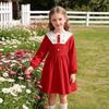 Girls Vintage Red Embroidered Collar Dress Kids Long Sleeve A-Line Princess