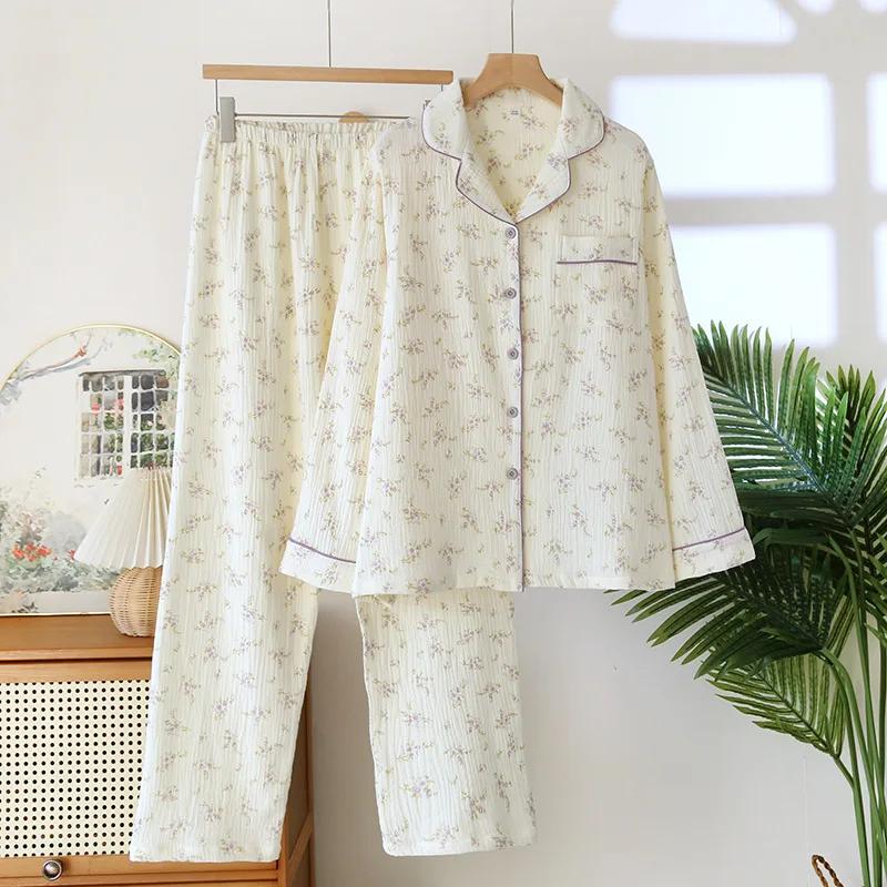 2026 Spring and Autumn Women's New Pajama Cotton Long Sleeved Pants Set with Collar Flower Crape Fabric Home Clothing Set Ladies