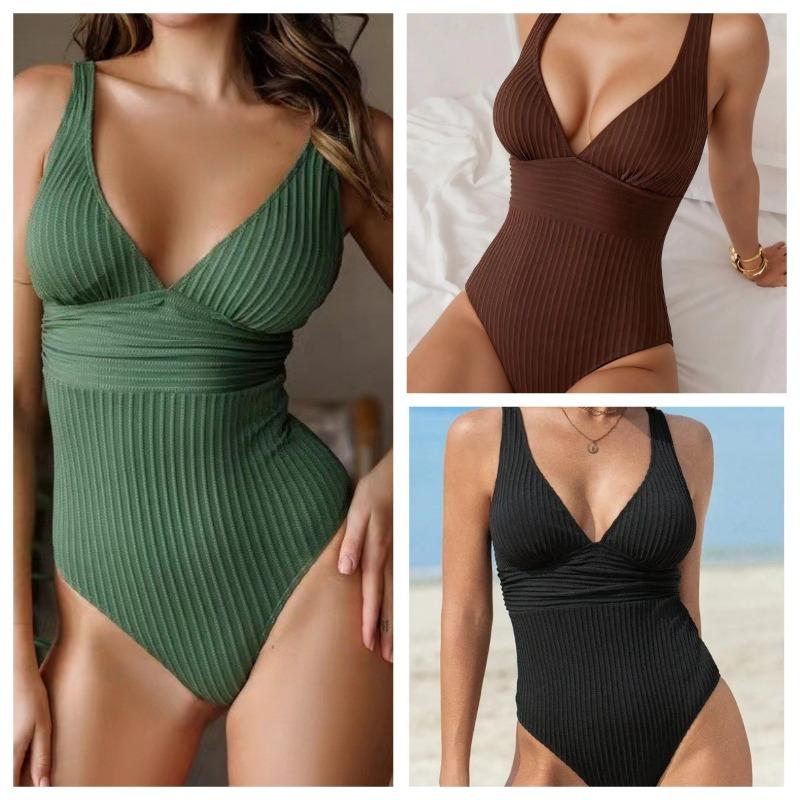 Sexy V-neck One-piece Swimsuit Women's New Solid Color Bikini Beach Hot Spring Swimsuit