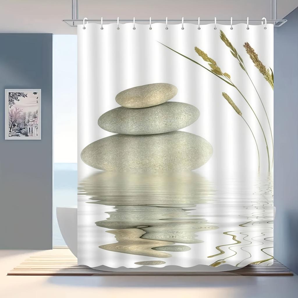1 Stück Neues Chinesisches Zen-Steinlandschaft Duschvorhang, Hochwertiger Elegantes Badezimmer Vorhang, Dekoratives Muster für Das Badezimmer