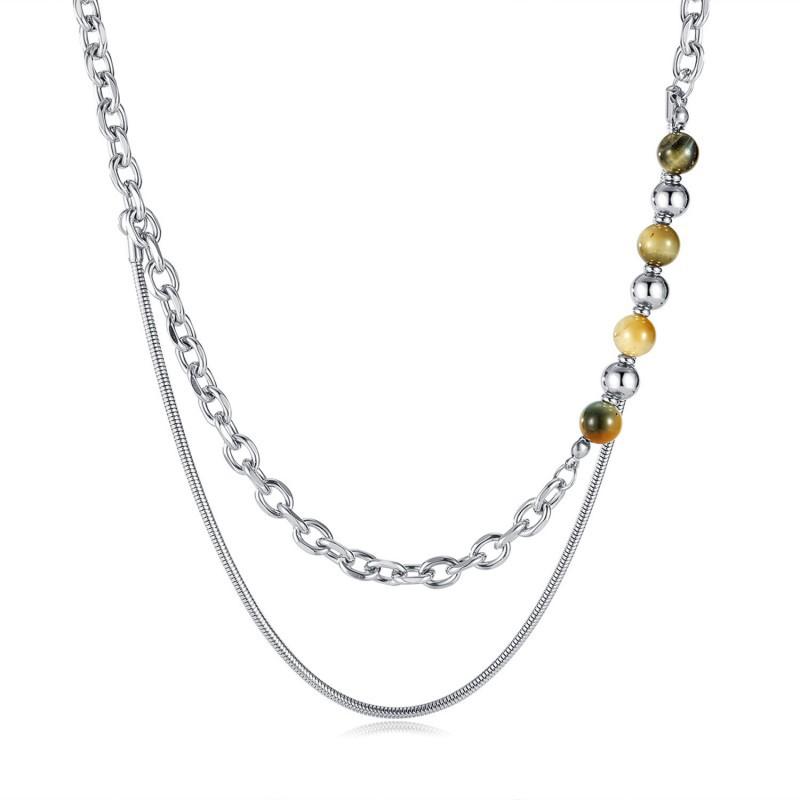 Personalized Fashionable Simple Stainless Steel Double-layer Chain Splicing Tiger Eye Stone Necklace Wholesale Men s Accessories