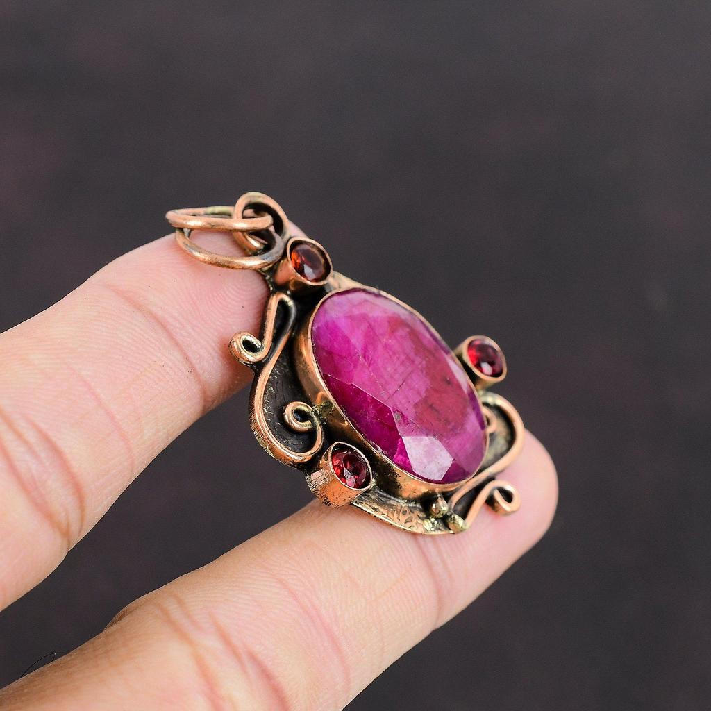 Faceted Kashmir Ruby Pendant Mozambique Garnet Pendant Copper Pendant Gemstone Jewelry Handmade Pendant Gift For Her Designer Copper Jewelry