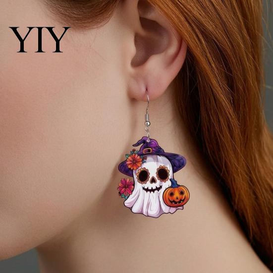 Cute Ghost Pumpkin Witch Hat Jewelry 1 Pair Mexico Day of The Dead Earrings for Women, Acrylic Holiday Party Costume Accessories Flower Dangle