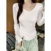 American white u-neck collarbone exposed long-sleeved T-shirt for women in early autumn pleated waist short pure desire bottoming shirt small top
