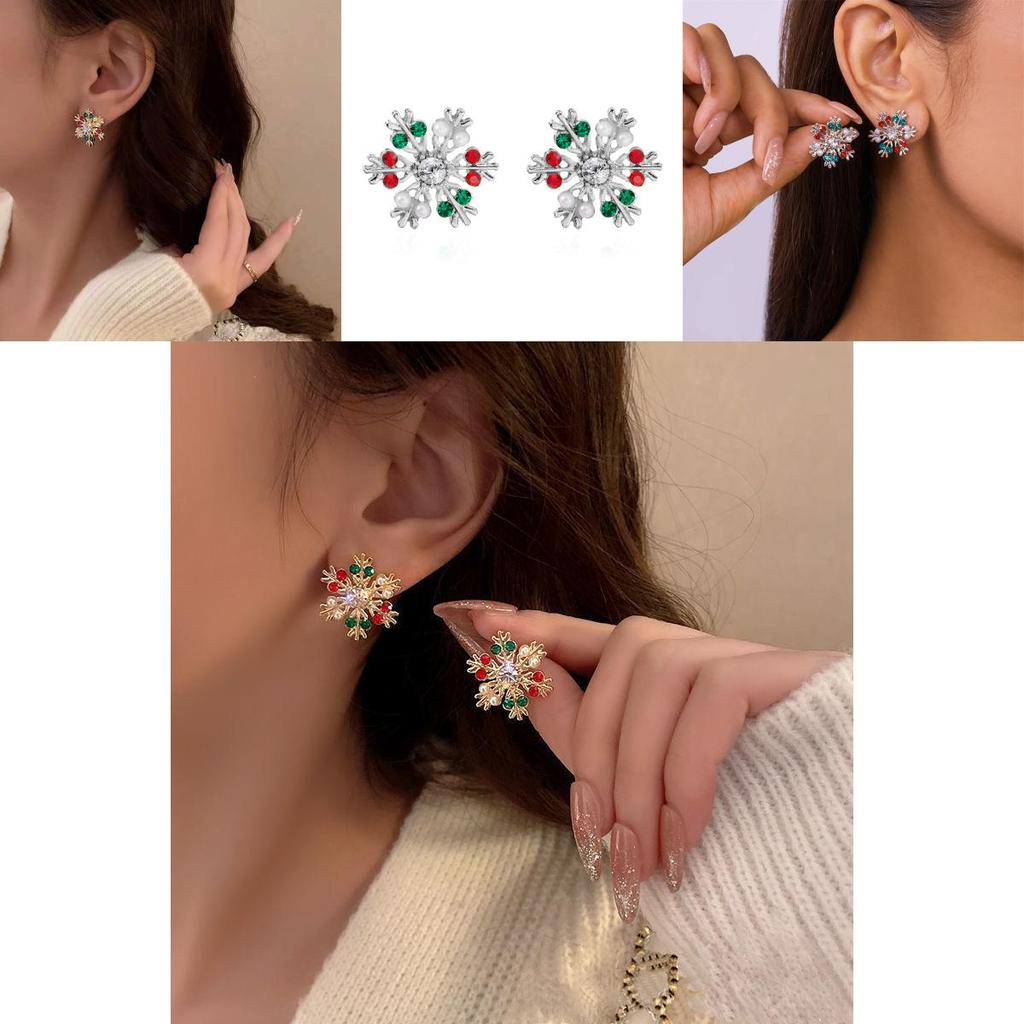Christmas Snowflake Earrings With Crystals Geometric Alloy Design For Women