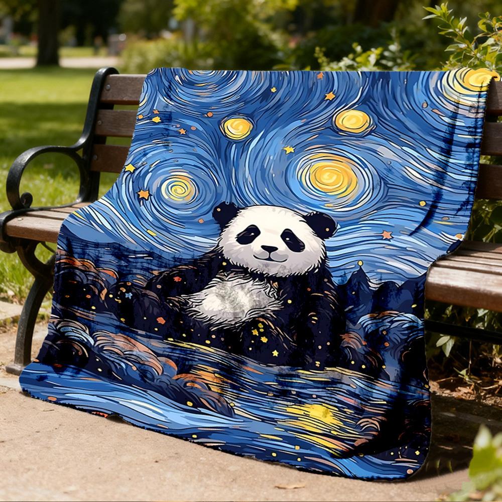 1pc Panda Night Sky Print Outdoor Blanket, Lightweight Polyester,