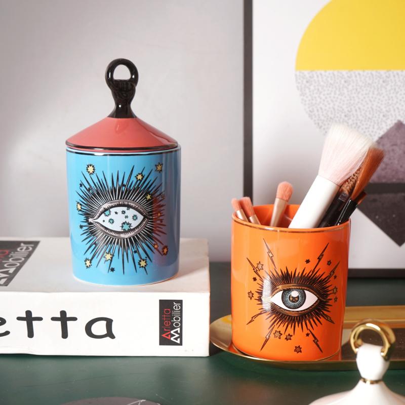 Europäische Keramik Bonbonglas Kerzenhalter Kreatives Auge Schmuck Duftende Wattestäbchenbox Heim Desktop Dekor Stifthalter Kerzenglas