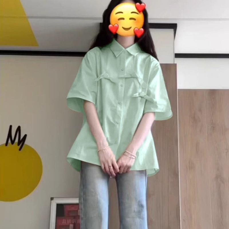 

Ladies Butterfly Bow Decoration Shirts Japanese Style Solid Color Women Lapel Short Sleeved Blouses Summer Loose Female Cardigan Tops M