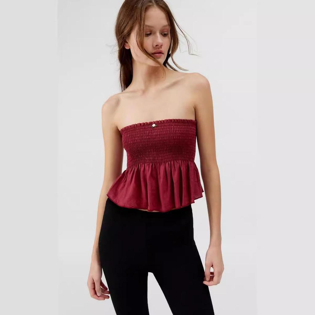2026 Autumn European and American Fashion Women's Solid Color Ruched Bandeau Tank Top