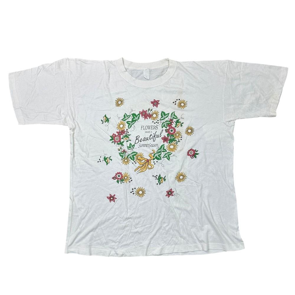 

Vintage Single Stitch T-shirt 90s Flowers Graphic Print White Mens 4XL
