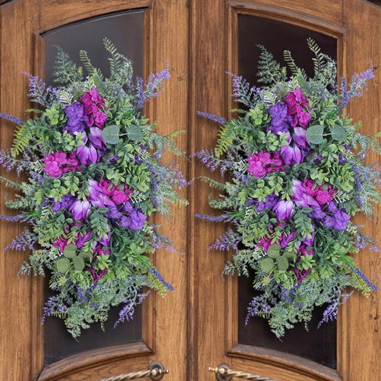 Purple Tulip Wreath with Hydrangea & Hyacinth Artificial Flower Lavender Garland Realistic Spring-Summer Floral Decor for Door Wall Home & Party