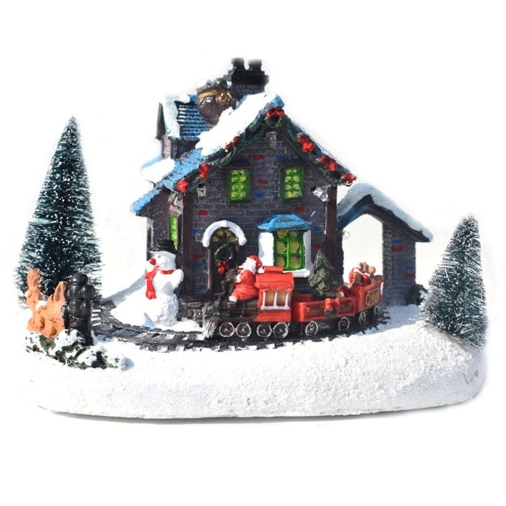 Harz Weihnachtsleuchtendes Haus Ornamente LED Beleuchtete Schneemannhaus Figur Weihnachts Zug Haus Ornament