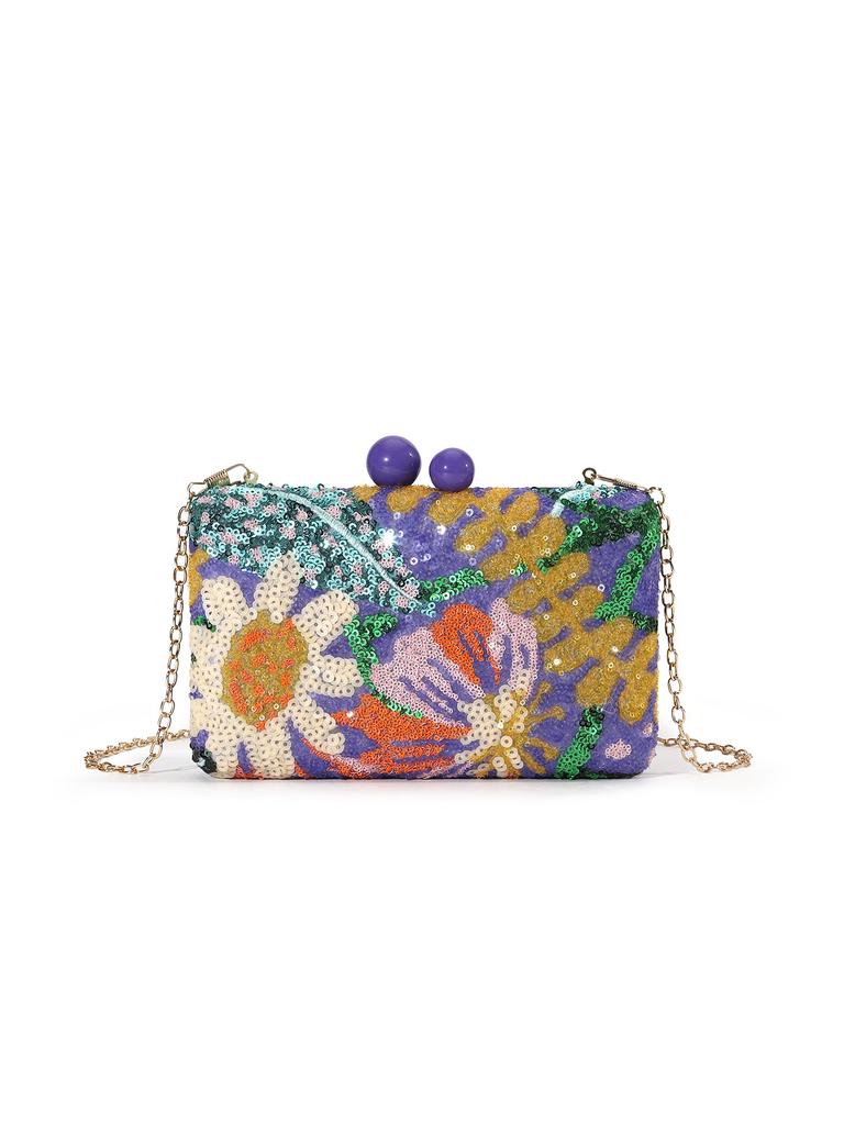 Contrast color flash flower sequin bead box clutch bag women's banquet satin dinner bag