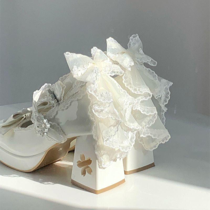 Schöne Mädchen Rosa Lolita Schmetterlingsknoten High Heels Plateau-Schuhe für Damen Süßes Sakura Kleid Mary Janes Beige Größe 34-42