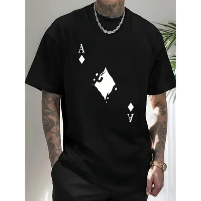 Taglie Europee T-shirt Casual Nera da Uomo con Design Asso di Picche - Manica Corta, Girocollo, Misto, Streetwear Estivo