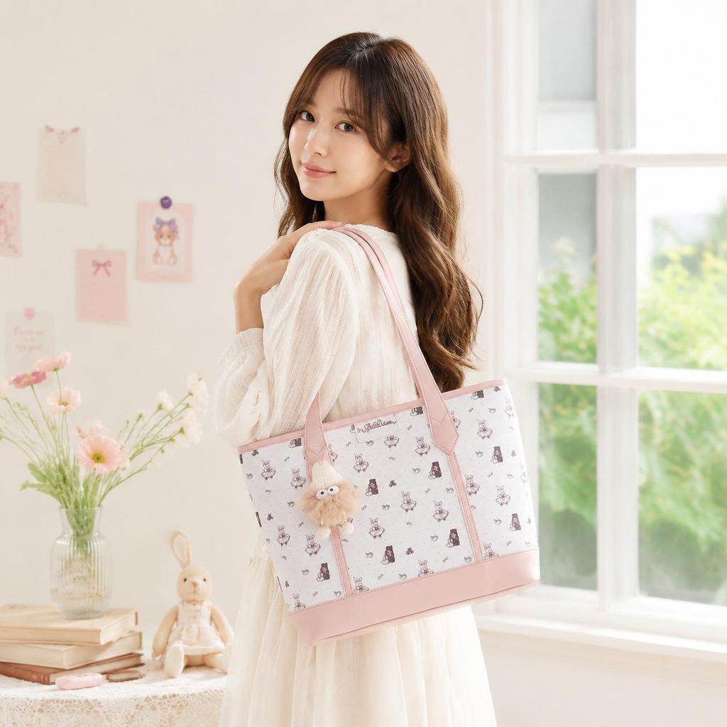 Floral Pink Girly Tote Bag: Cute, Large-Capacity, Versatile Shoulder Bag for Students