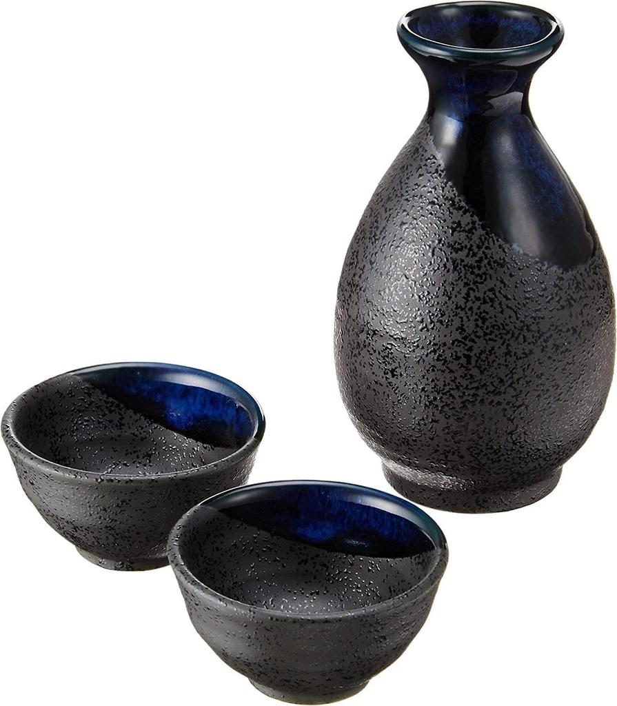 Sake Tokkuri and Ochoko Diameter x 300ml Black Blown Blue Flow Tokkuri Set of Mino Ware Blue Made in Japan Ale-net Set, (Cupcake) Set, 7.8cm 14.3cm