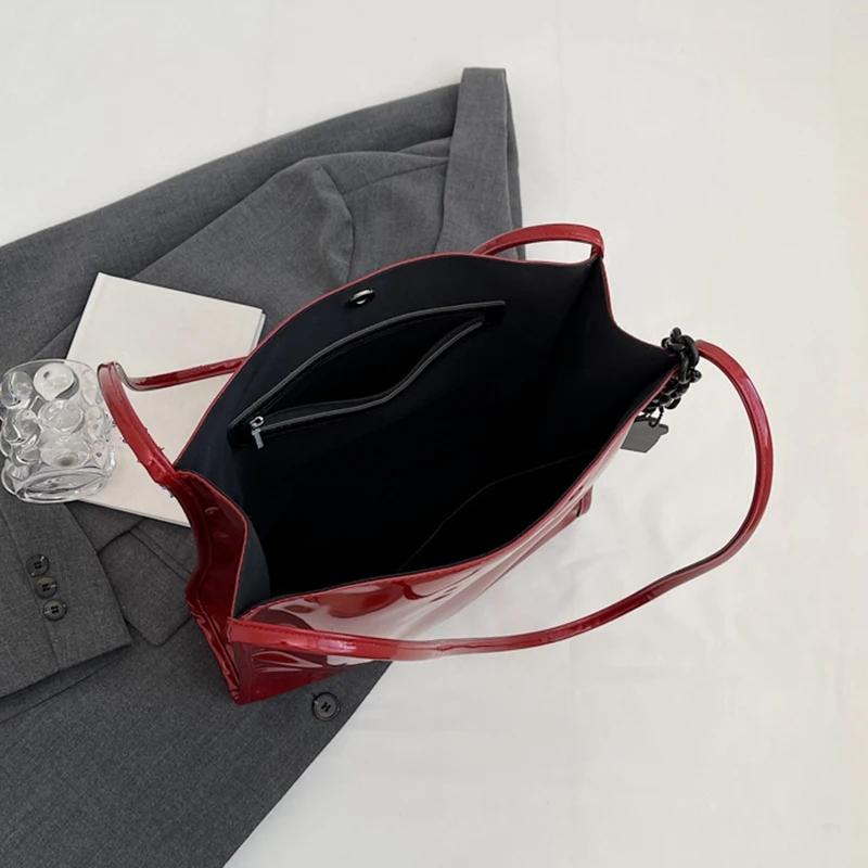 Red Patent Leather Large Capacity Tote Bag Classic Texture Shoulder Underarm Bag Lady Fall Winter New Fashion Commuter Pack